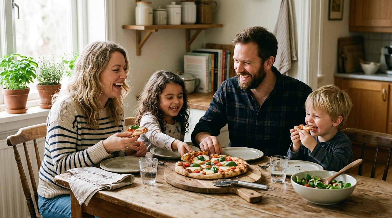 Family eating gluten-free pizza